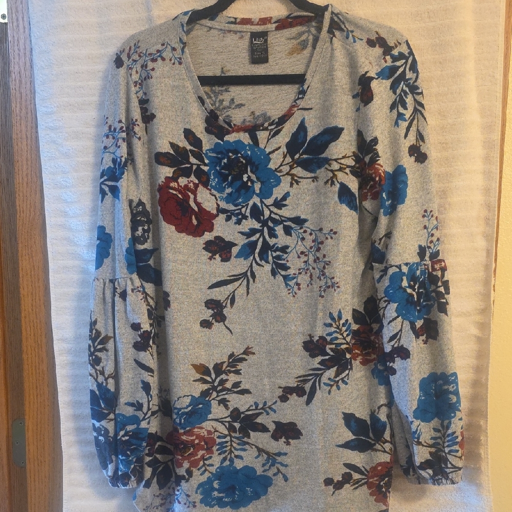 Lady Hagen Floral Blouse with Blue and Red Design